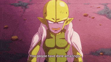 a cartoon character says " you people have done amazingly " in a purple background