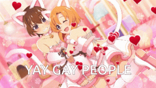 a picture of two anime girls with hearts and the words yay gay people below them