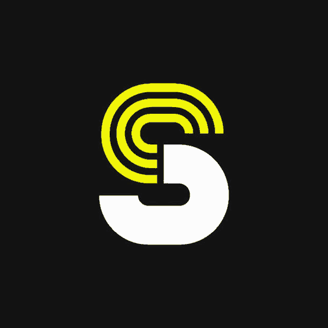 a white letter s with a yellow stripe around it