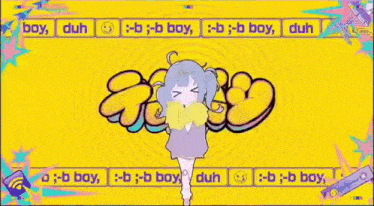 a girl with blue hair is standing in front of a yellow background with graffiti on it .