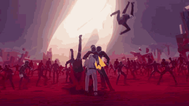 a group of people are standing in front of a giant explosion