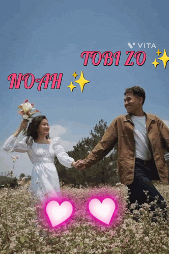 a man and a woman holding hands in a field with the words noah tobi zo