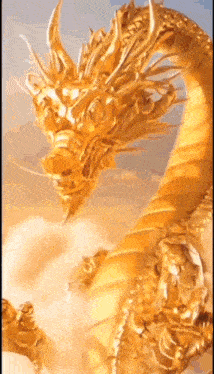 a golden dragon is flying through the air with a blue sky in the background .