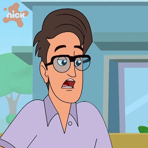 a cartoon of a man with glasses and a nick logo on the bottom