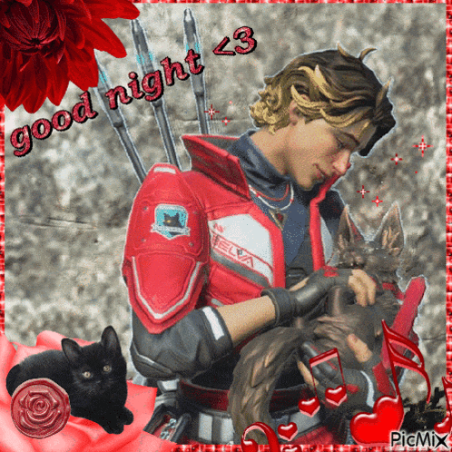 a man in a red jacket is petting a cat with the words good night < 3 above him