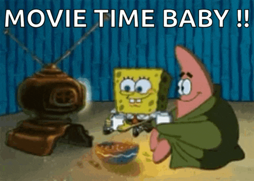 spongebob and patrick from spongebob squarepants are sitting in front of a television eating cereal .