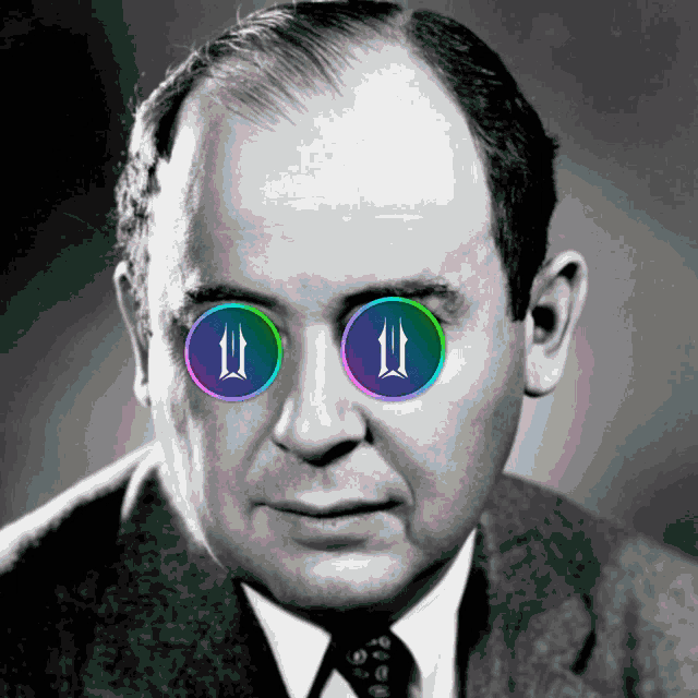 a man wearing a suit and tie has a pair of colored circles in his eyes