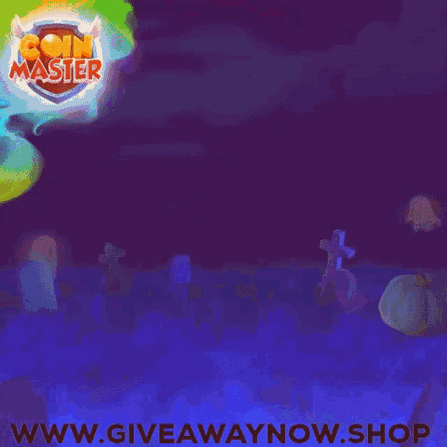 three pumpkins in a cemetery with a coin master logo behind them