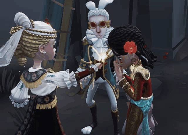 a man with a bunny ear stands between two women