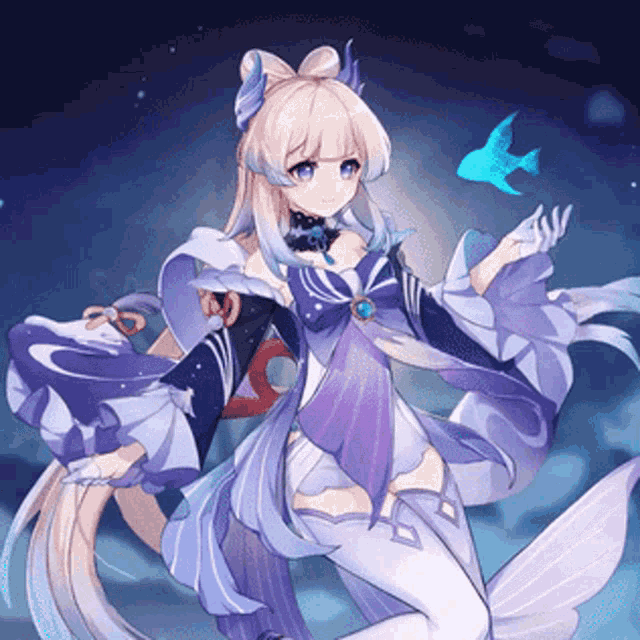 a girl in a purple and white dress is holding a blue fish in her hand