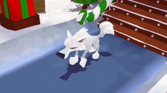 a cartoon drawing of a white wolf walking on a blue surface