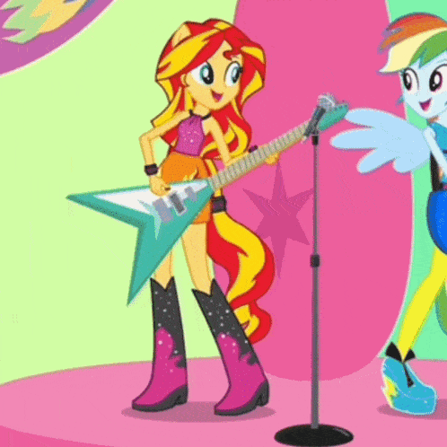 sunset shimmer from my little pony equestria girls is playing a guitar and singing into a microphone