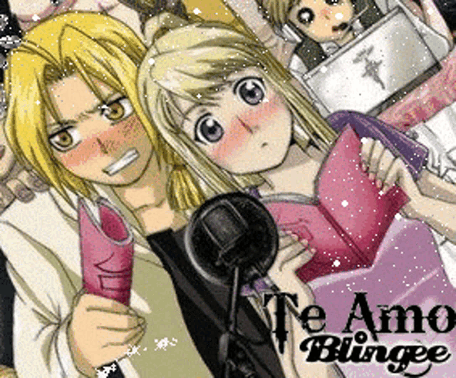 a couple of anime characters standing next to each other with the words te amo blingee on the bottom