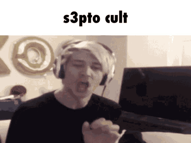 a man wearing headphones is screaming with the words s3pto cult above him