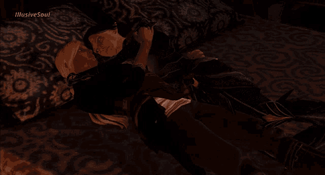 a couple laying on a bed with illusive soul written on the bottom right