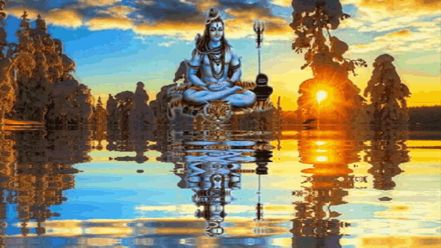 a painting of a deity sitting in a lotus position in a lake