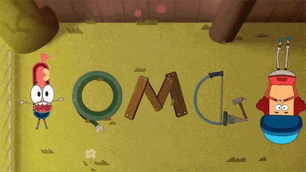a cartoon character is holding a hammer and the word omg is written on the ground