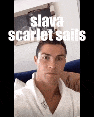 a man in a white robe with the words " slava scarlet sails " on the bottom