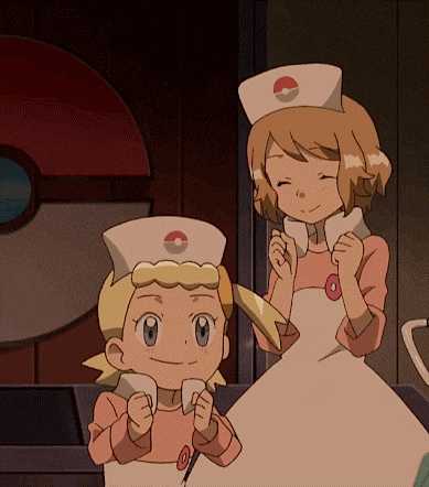two cartoon girls wearing nurse hats with a pokemon on them