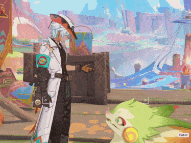 a video game screen shows a man standing next to a green monster and a button that says enter at the bottom