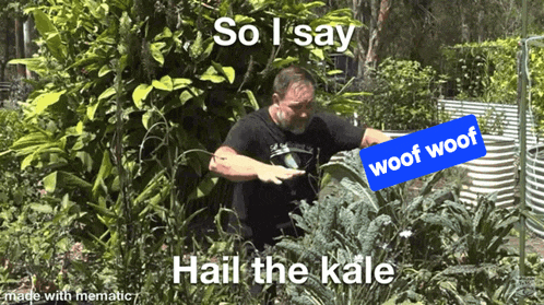 a man in a black shirt is standing in a garden with a sign that says woof woof