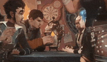 a group of people are sitting at a table in a bar talking to each other .