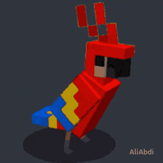 a pixel art of a red and yellow parrot with the name aliabdi on the bottom