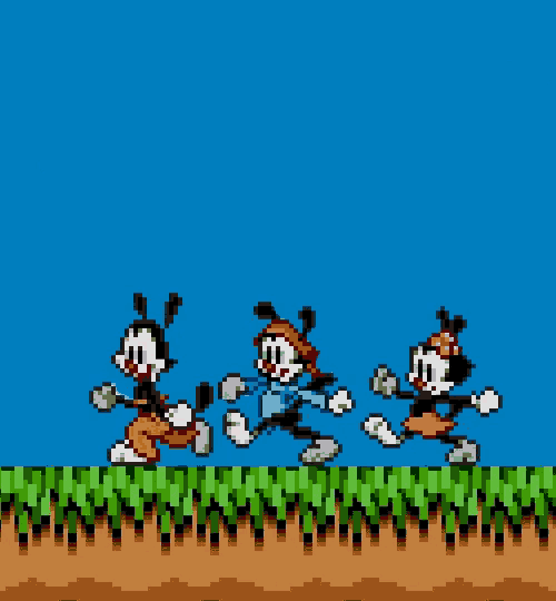 a pixel art of three cartoon characters running in a grassy field