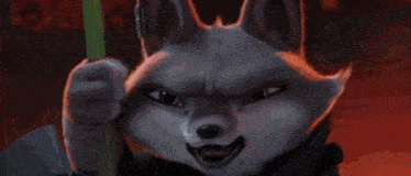 a fox with a green hat on is standing in a dark room with a light coming out of its head .