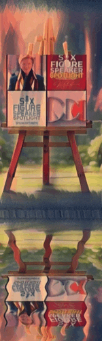 a painting of a man on an easel with six figure spotlight on it
