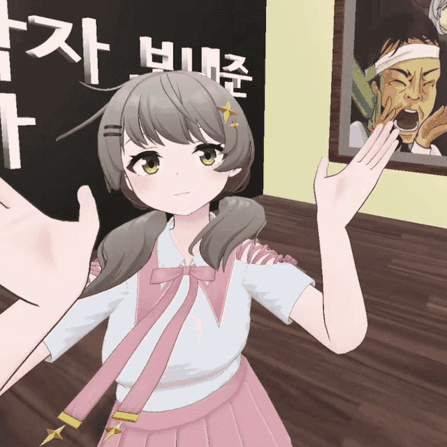a girl in a pink skirt is giving a high five in front of a sign that says t.