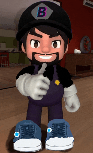a cartoon character giving a thumbs up with a b on his hat