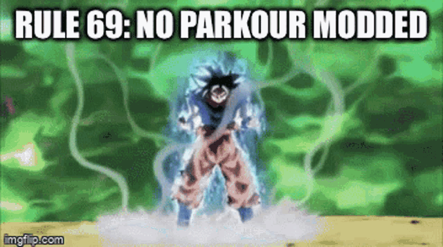 a cartoon of a person with the words rule 69 : no parkour modded