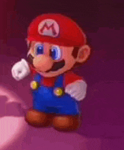 a cartoon character with a red hat and overalls is standing in front of a purple background .