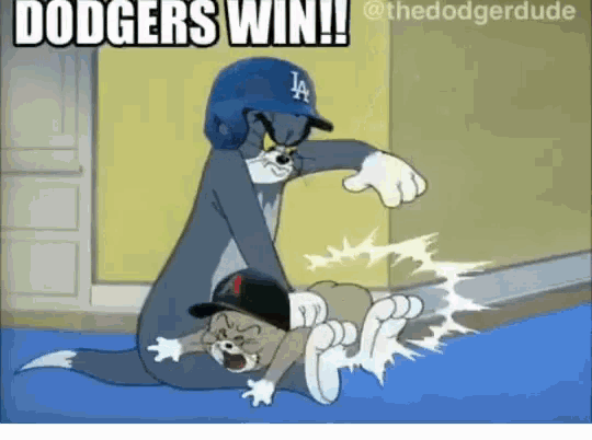 a cartoon of tom and jerry with the words dodgers win on it
