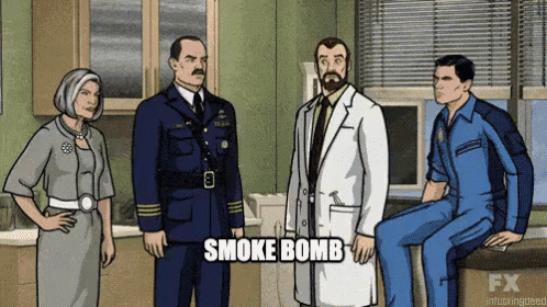 a group of cartoon characters are standing in a room and one of them says smoke bomb .