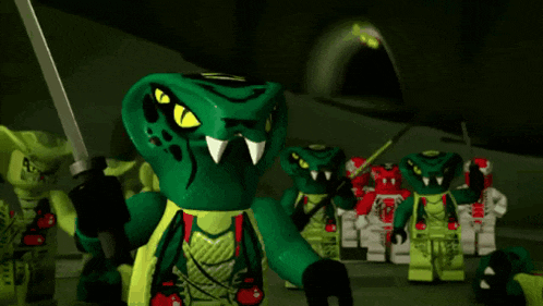 a group of lego ninjago characters including a green snake with yellow eyes