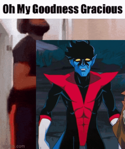 a man with a beard is standing next to a picture of nightcrawler