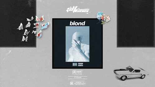 a poster for blond features a white car and flowers