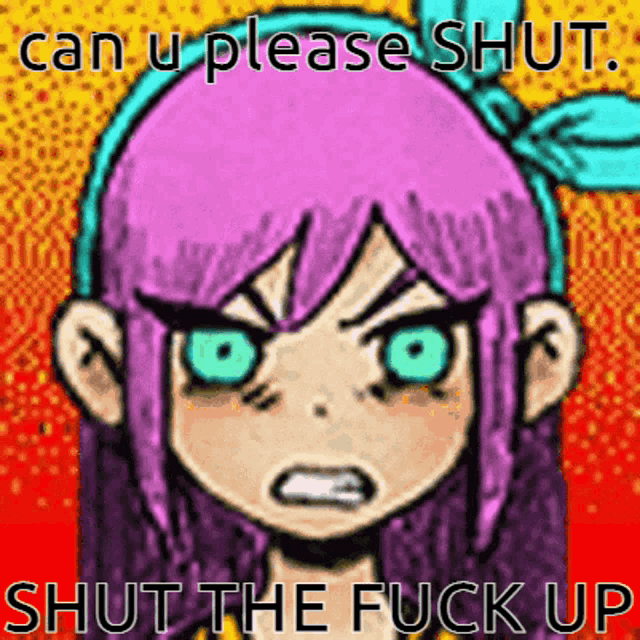 a cartoon of a girl with purple hair and green eyes asking to shut the fuck up