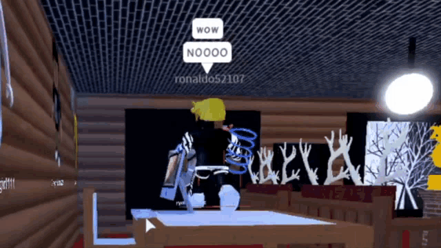a room with a table and chairs and a speech bubble that says wow noooo