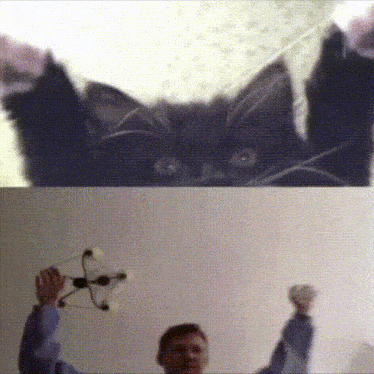 a man is playing with a toy while a cat is behind him
