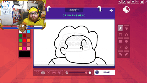 a computer screen shows a man drawing a cartoon character and says draw the head