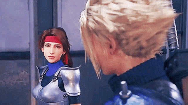 a man and a woman are standing next to each other in a video game . the woman is wearing a red headband .