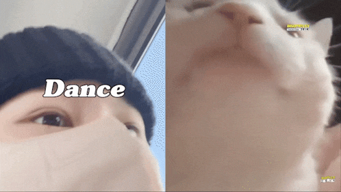 a close up of a person 's face and a cat 's face with the word dance on the bottom