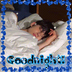 a picture of a person sleeping with the words goodnight written in blue