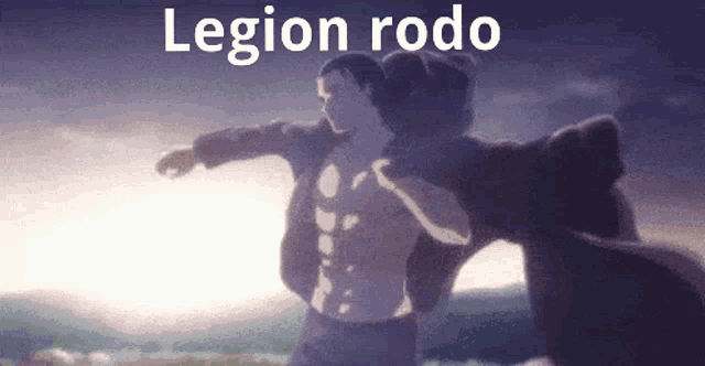 a man with his arms outstretched is being held by another man with the word legion rodo written on the bottom