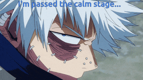a close up of a anime character with the words " i 'm passed the calm stage "