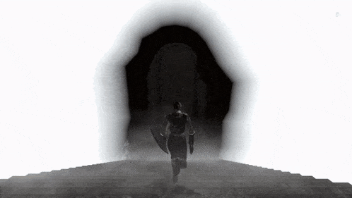 a black and white photo of a man holding a shield running through a tunnel