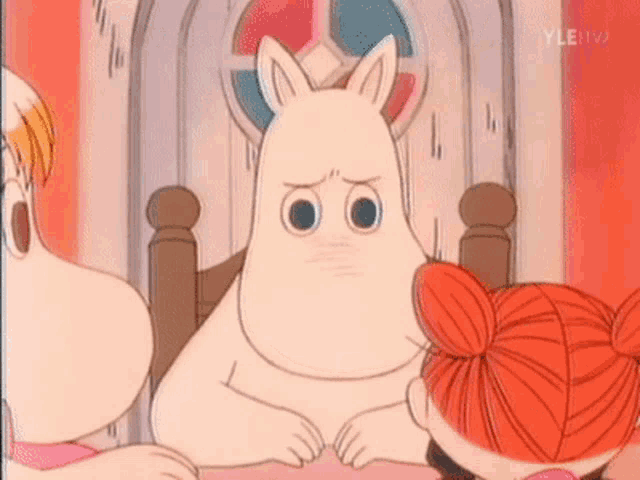 a cartoon of a rabbit with big eyes sitting in a chair with two other characters .